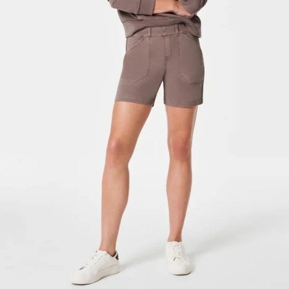 Spanx Twill Pull On Stretch Shorts Khaki Brown Comfort Slimming Casual XL - Picture 4 of 11